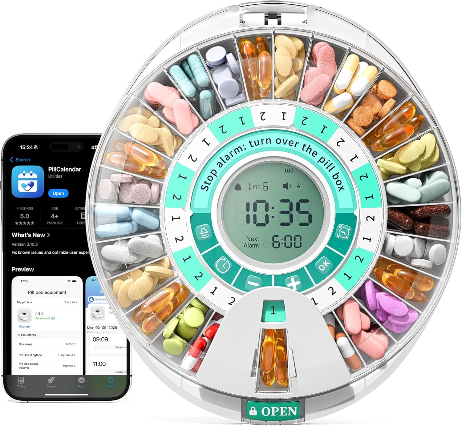 Betife Automatic Pill Dispenser,28-Day Smart Bluetooth Pill Box, App Support Automatic Pill Case with 6 Alarms & Light Reminder, Monthly Timer Dispenser,Electronic Medication Management for Seniors