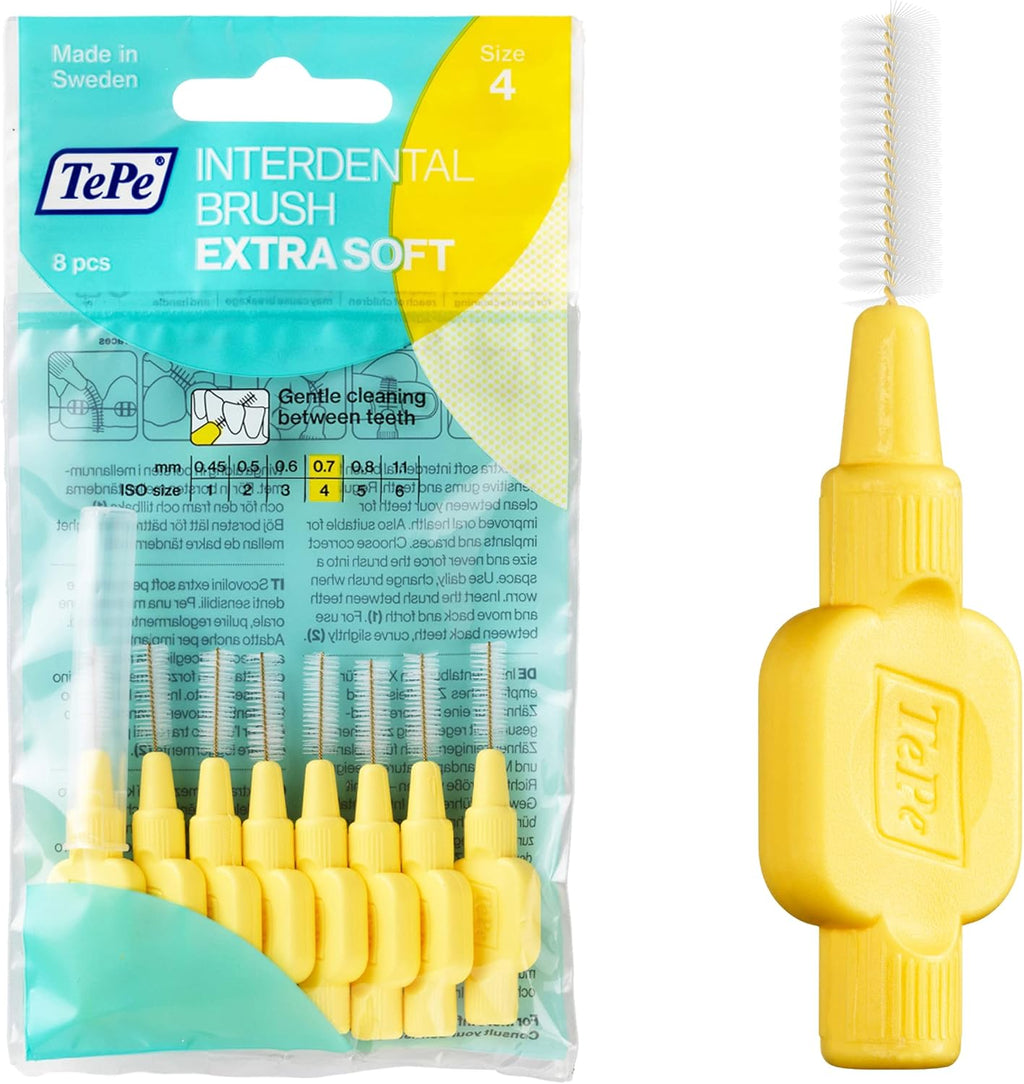 TePe Interdental Brush Extra Soft, Supersoft Dental Brush for Teeth Cleaning, Pack of 8, 0.7 mm, Medium Gaps, Yellow, Size 4