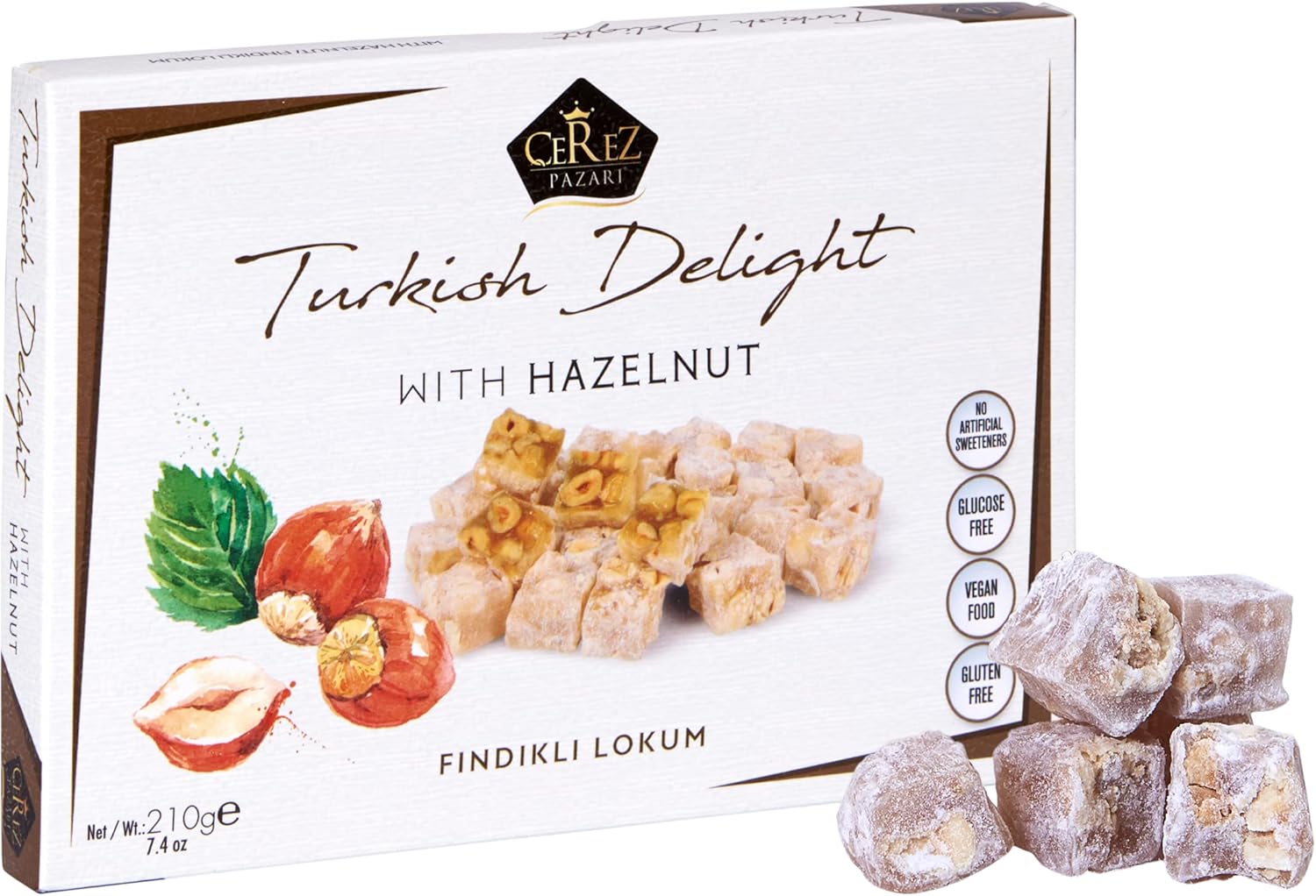 Cerez Pazari Turkish Delight Hazelnut Candy Gourmet Premium Vegan Sweets Small Gift Box 7.4oz | Luxury Traditional Soft Confectionery Lokum (Loukoumi) | Small Size Snacks Apprx.35 Pcs