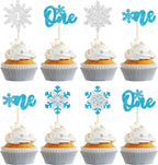 Gyufise 24Pcs Snowflake One Cupcake Toppers Blue Silver Glitter Winter Snowflake 1st Birthday Party Cupcake Picks Snowflake Theme Baby Shower First Birthday Party Cake Decorations Supplies