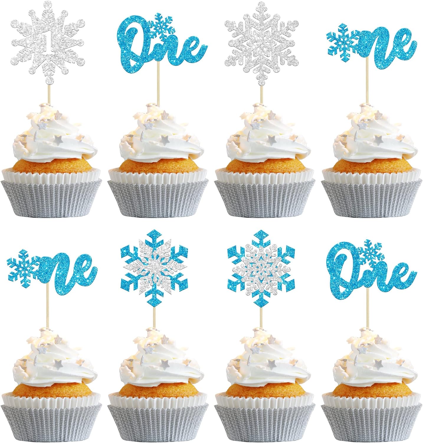 Gyufise 24Pcs Snowflake One Cupcake Toppers Blue Silver Glitter Winter Snowflake 1st Birthday Party Cupcake Picks Snowflake Theme Baby Shower First Birthday Party Cake Decorations Supplies