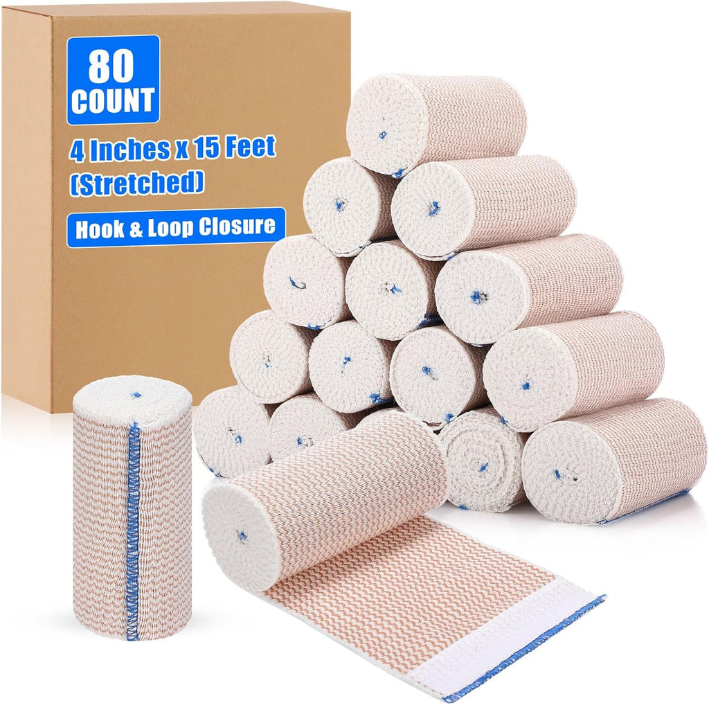 Nuogo 80 Pack 4 Inch Elastic Bandage Wrap Reusable Compression Bandage with Self Closure Athletic Stretchable Wrap for Legs Knees Ankles Wrists Elbows Shoulders Sports Medical Injury Recovery