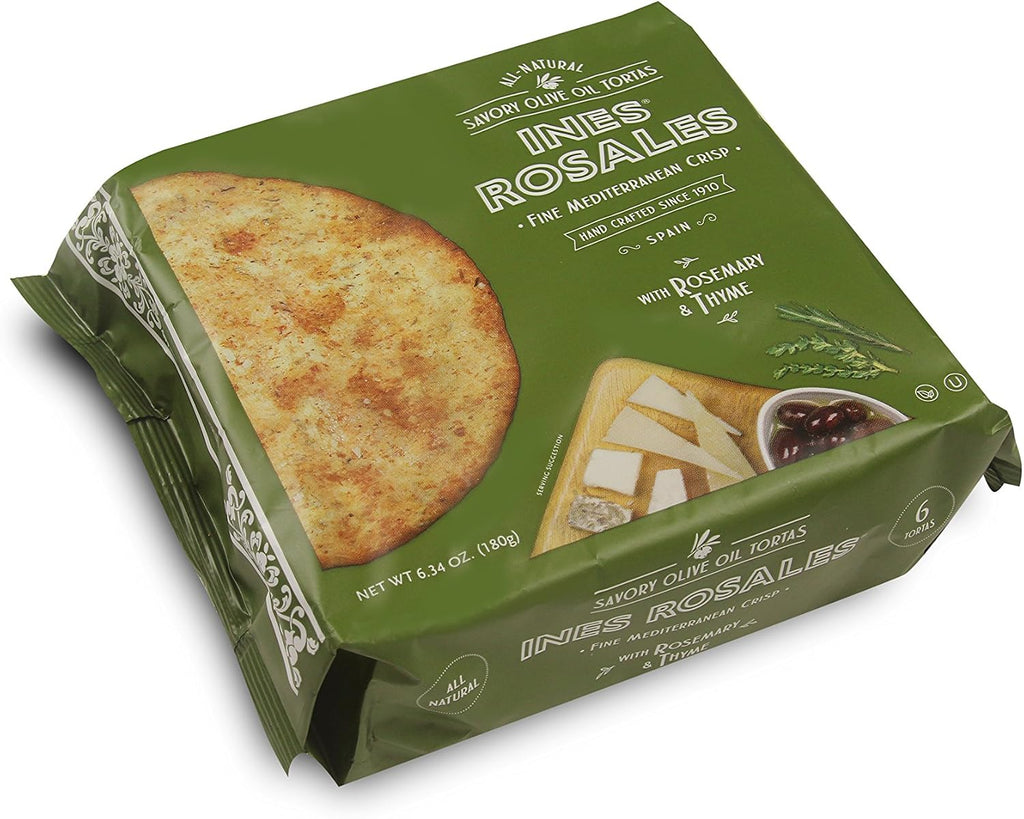 Ines Rosales Rosemary and Thyme Olive Savory Oil Tortas (Pack of 5) Aceite con Romero y Tomillo) 6.34 Oz (180 g) Each pack contains six Fine Mediterranean Crisps(Tortas) individually wrapped
