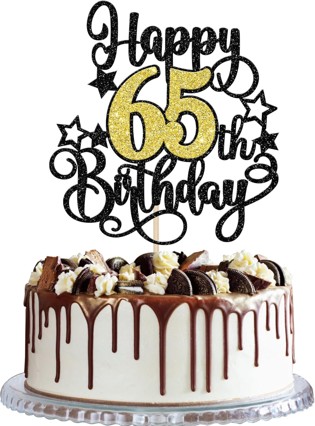 1 PCS Happy 65th Birthday Cake Topper Black Gold Glitter Cheers to 65 Years Birthday Cake Pick Hello 65 Fabulous Cake Decoration for Happy 65th Birthday Anniversary Party Decorations Supplies