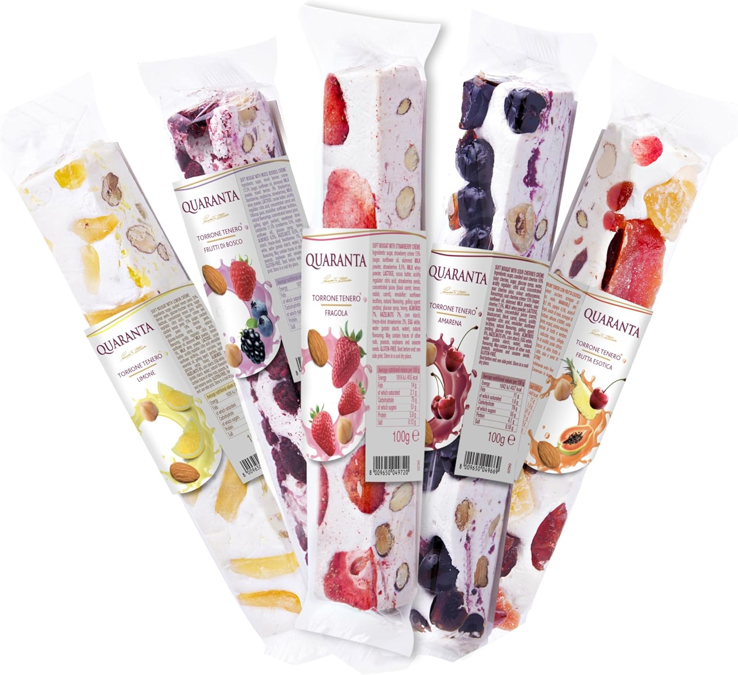 Quaranta Italian Nougat Fruit Bars 5 Bar Sampler – Soft Torrone Candy – 1 Bar of Each, Forest Fruits, Exotic Fruit, Sour Cherry, Lemon & Strawberry – Gluten-Free, GMO-Free, Palm Oil-Free – 3.5 Oz Each