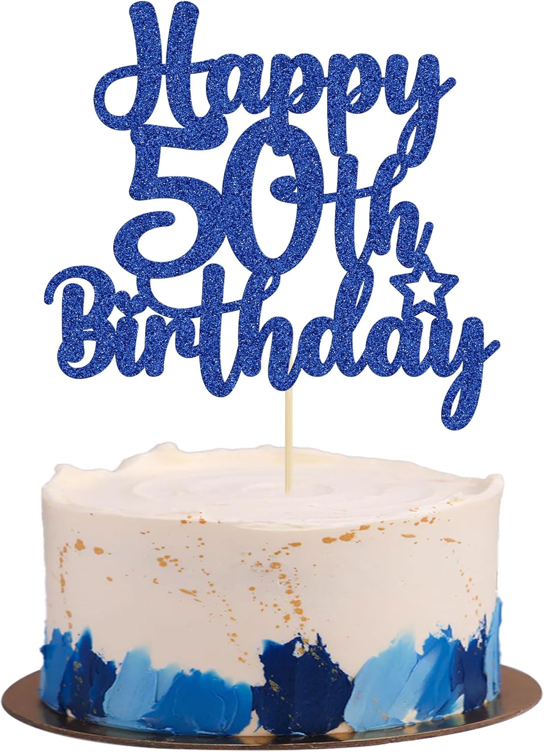 Gyufise 1Pc Happy 50th Birthday Cake Topper Glitter 50 & Fabulous Cheers to 50 Years Old 50th Birthday Cake Pick for Celebrating 50th Birthday Anniversary Party Cake Decorations Blue