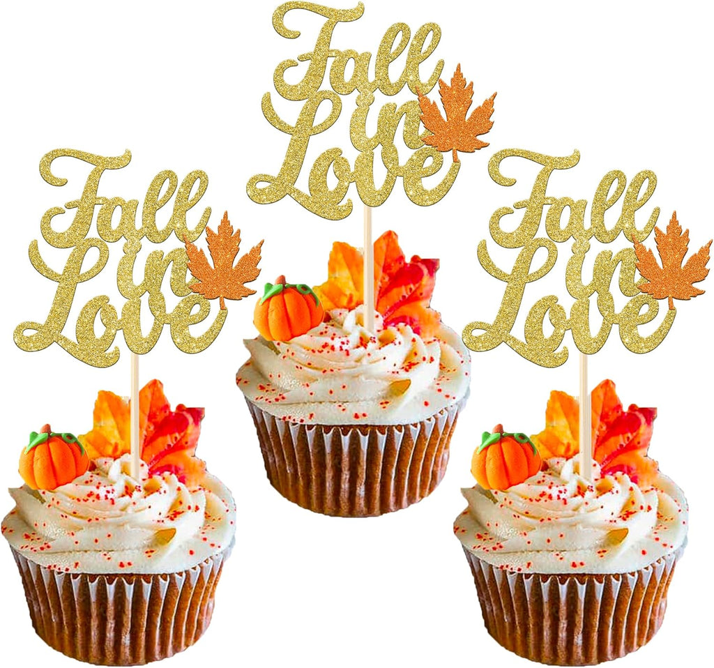 Rsstarxi 24 Pack Fall in Love Cupcake Toppers Fall leaves Thanksgiving Day Cupcake Food Toothpicks Bridal Shower Cupcake Decorations for Wedding Engagement Birthday Party Cake Decorations