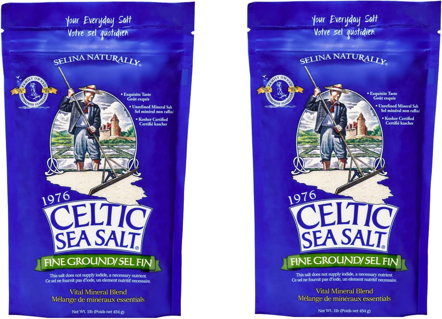 Celtic Sea Salt Fine Ground – Unrefined Mineral Salt, Sustainably Harvested, GMP Certified, Lab Tested, Kosher – Baking, Cooking, Seasoning, Everyday Use – 2 Pack (1 lb Each)