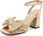 Women's Bow Knot Heeled Sandals Bowknot Pleated Ankle Strap Open Toe Chunky High Heels Wedding Bridal Party Dress Shoes