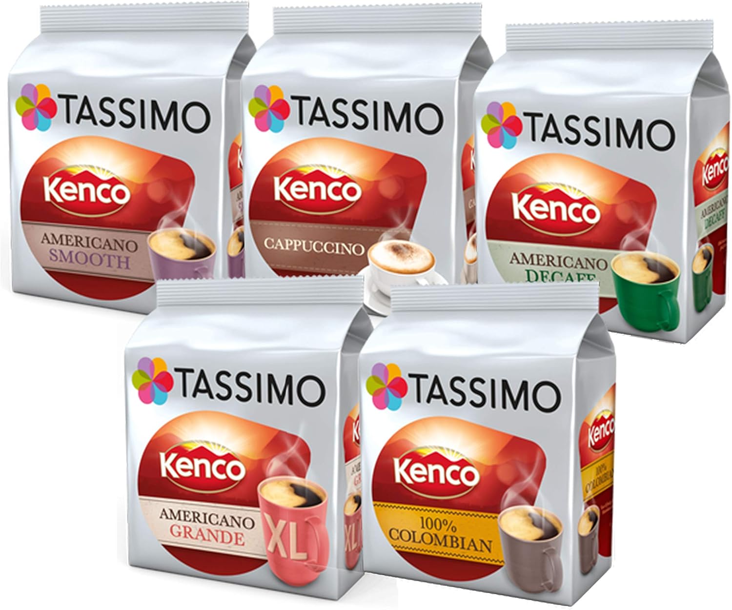 Tassimo Kenco Coffee Selection - Kenco Cappuccino/Kenco Decaf/Kenco Americano Grande XL/Kenco Americano Smooth/Kenco 100% Colombian - 5 Packs (72 Drinks)