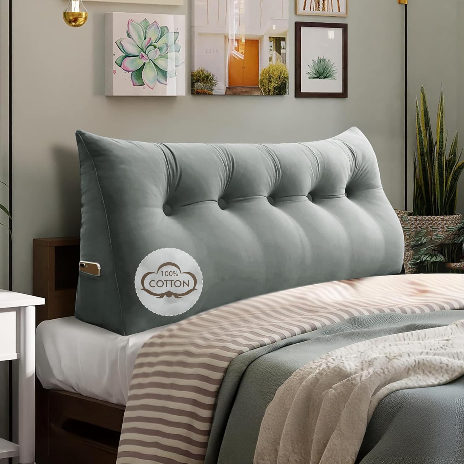 WOWMAX Wedge Pillow Headboard Queen Triangular Headboard Pillow Queen Bed Wedge Pillow for Headboard Bolster Pillow for Bed Daybed Pillows with Removable Cover, Velvet(100% Cotton), Gray