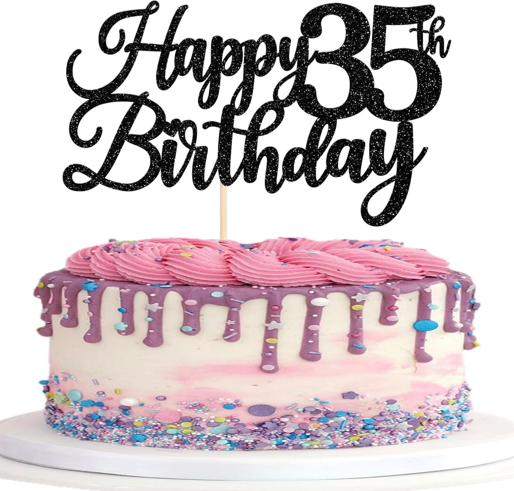Rsstarxi 1 Pack Happy 35th Birthday Cake Topper Black Glitter Cheers to 35 Years Hello 35 Fabulous Cake Pick for It's My 35 Birthday Theme Celebrate Party Cake Decorations Supplies