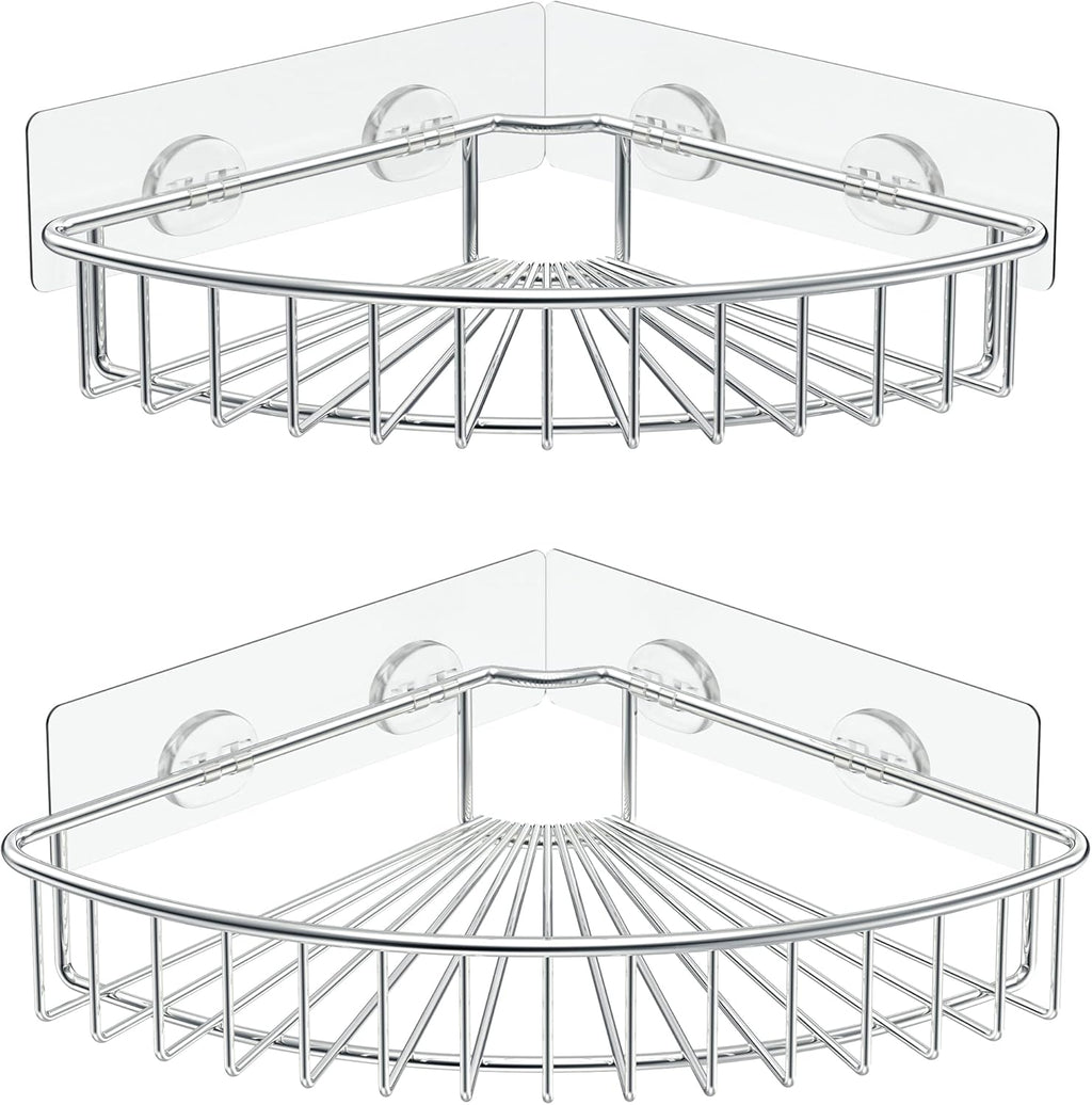 SMARTAKE 2-Pack Corner Shower Caddy, SUS304 Stainless Steel, Wall Mounted Bathroom Shelf with Adhesive, Storage Organizer for Toilet, Dorm and Kitchen (Silver)