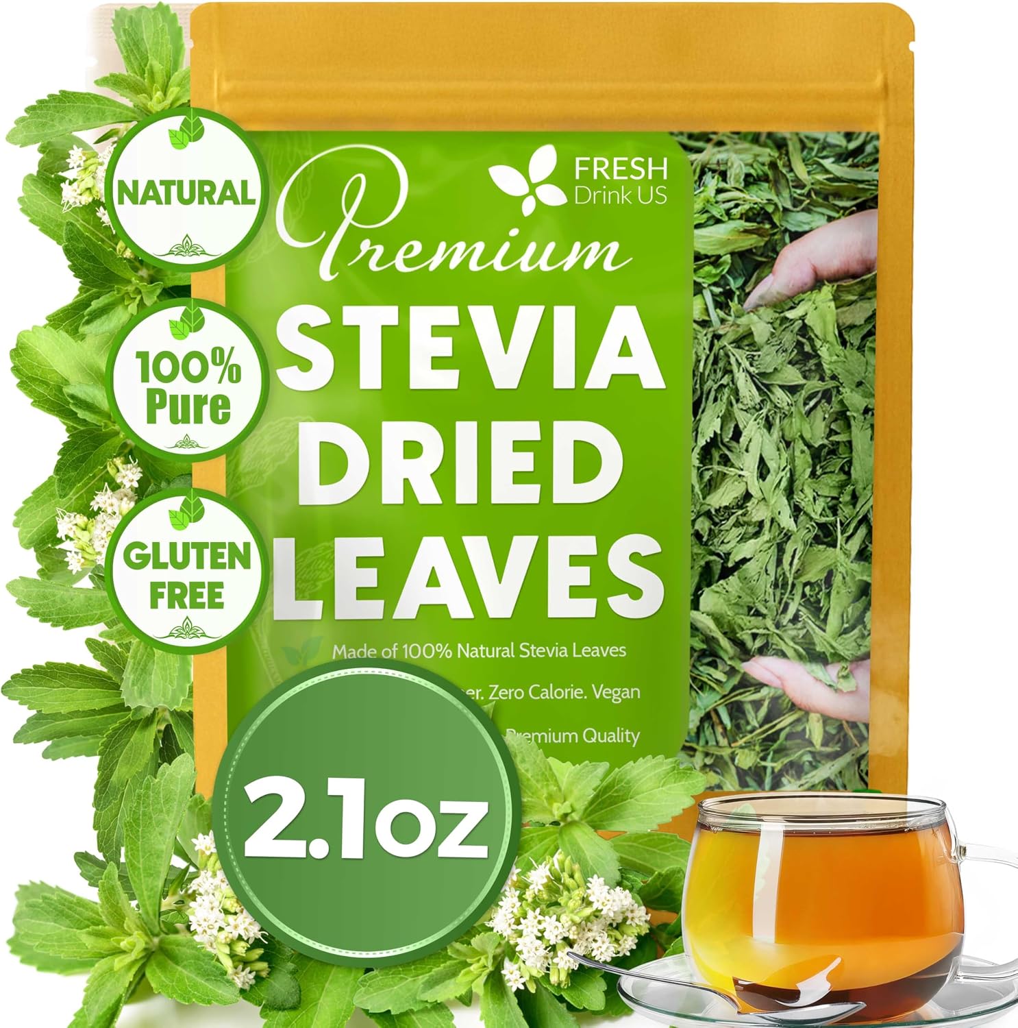 FreshDrinkUS, Premium 2.1oz Natural Stevia Leaves, 100% Pure Stevia Dried Leaves, Zero Calorie Sweetener, No Additives, No Caffeine, Vegan