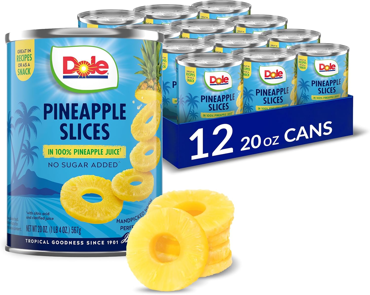 Dole Pineapple Slices in 100% Pineapple Juice with No Sugar Added - Dole Canned Fruit - 20 oz Cans - 12 Pack