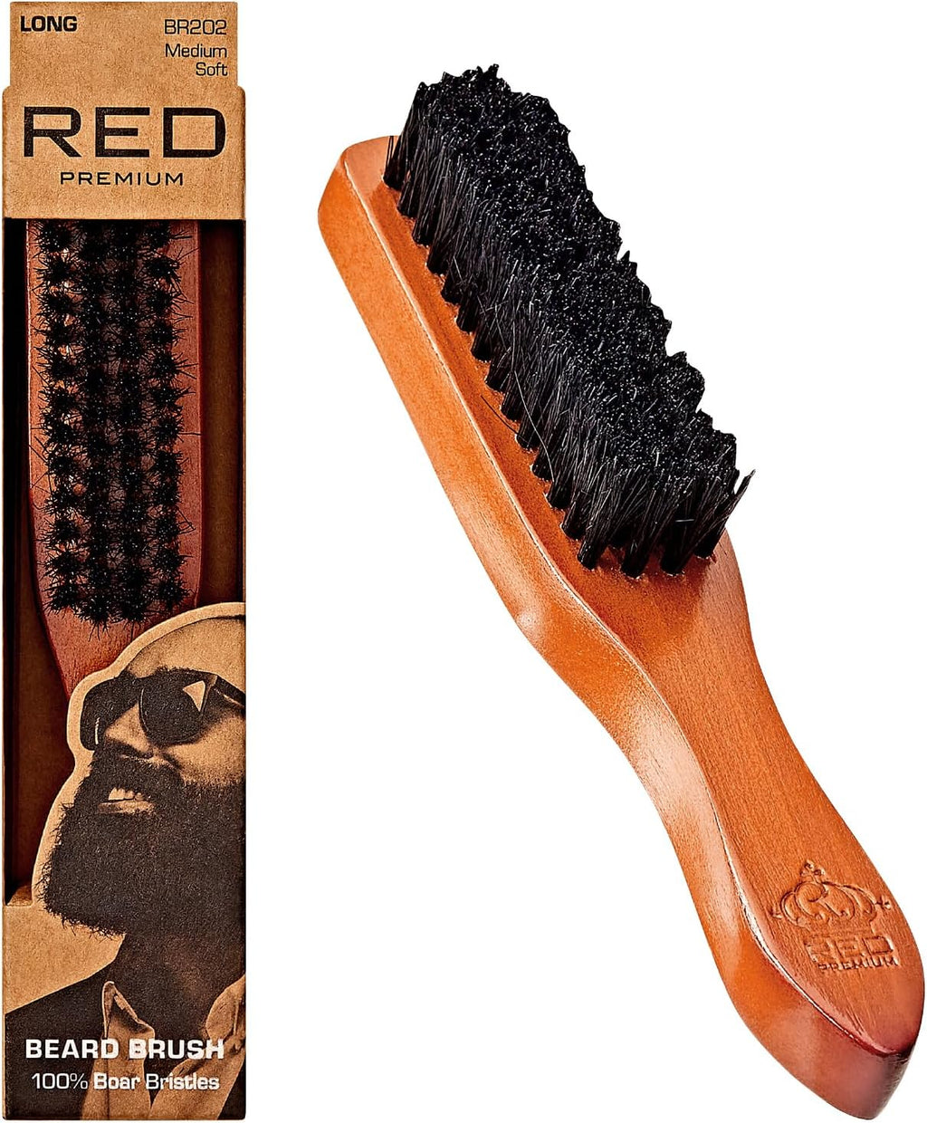Red by Kiss Beard Brush with 100% Natural Boar Bristles for Men, Premium Wooden Brush, Beards Mustaches Grooming Shaving Comb, Tame and Soften Facial Hair (Long Handle)