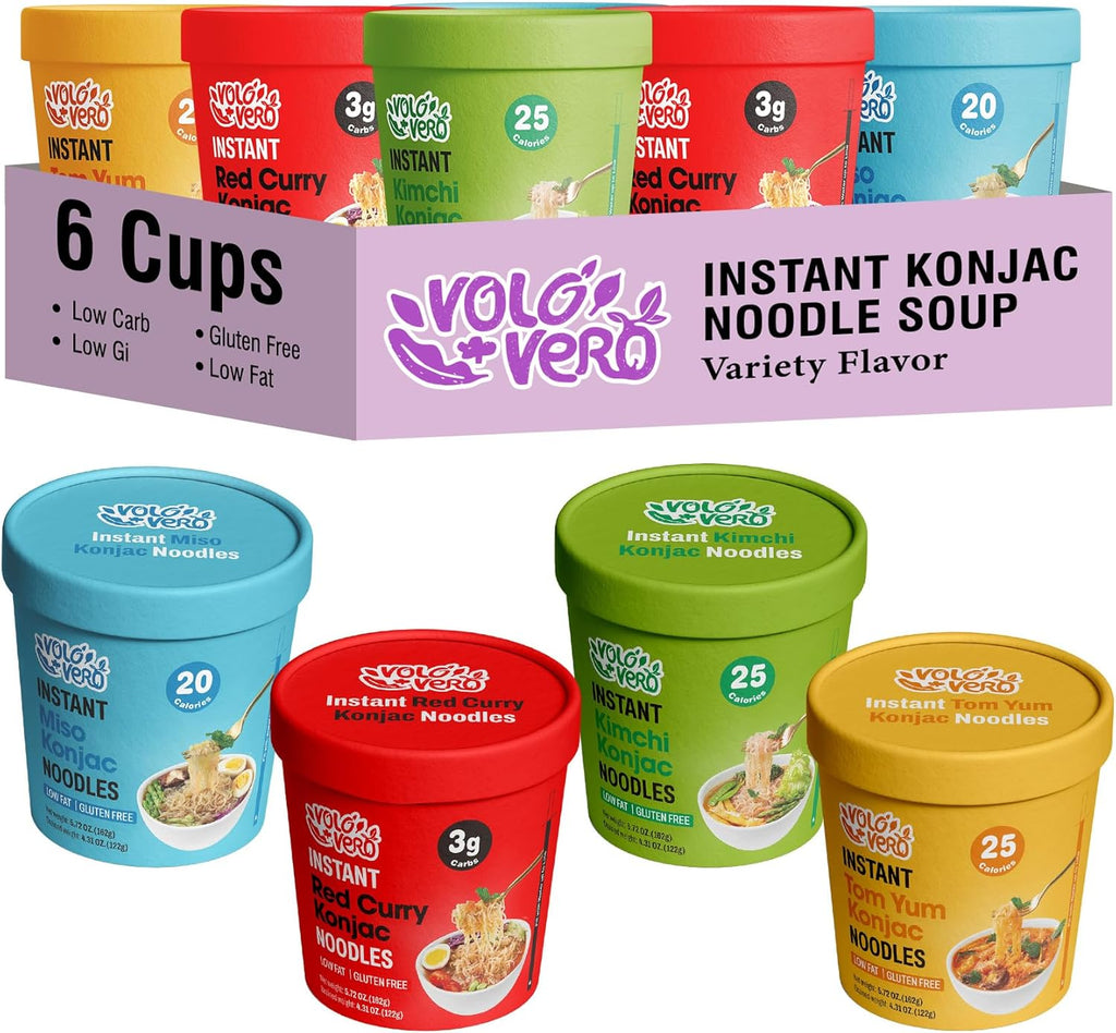 VOLO VERO Konjac Noodle Variety Pack - Tom Yum, Miso, "Spicy" Kimchi, Red Curry, 6 Packs, Gluten Free, Vegan, Low Carb Shirataki Noodles Angel Hair Instant Soup Cup, Quick Healthy Asian Meal