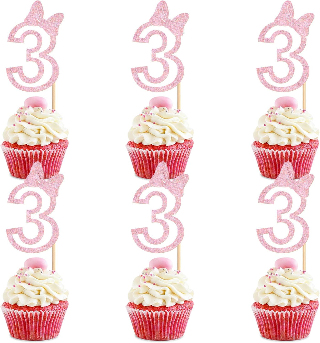 Ercadio 24Pcs Girls 3rd Birthday Cupcake Toppers Glitter Pink Bow Number 3 Cupcake Picks for Pink Bow Baby Girls 3rd Birthday Anniversary Cake Decorations Supplies