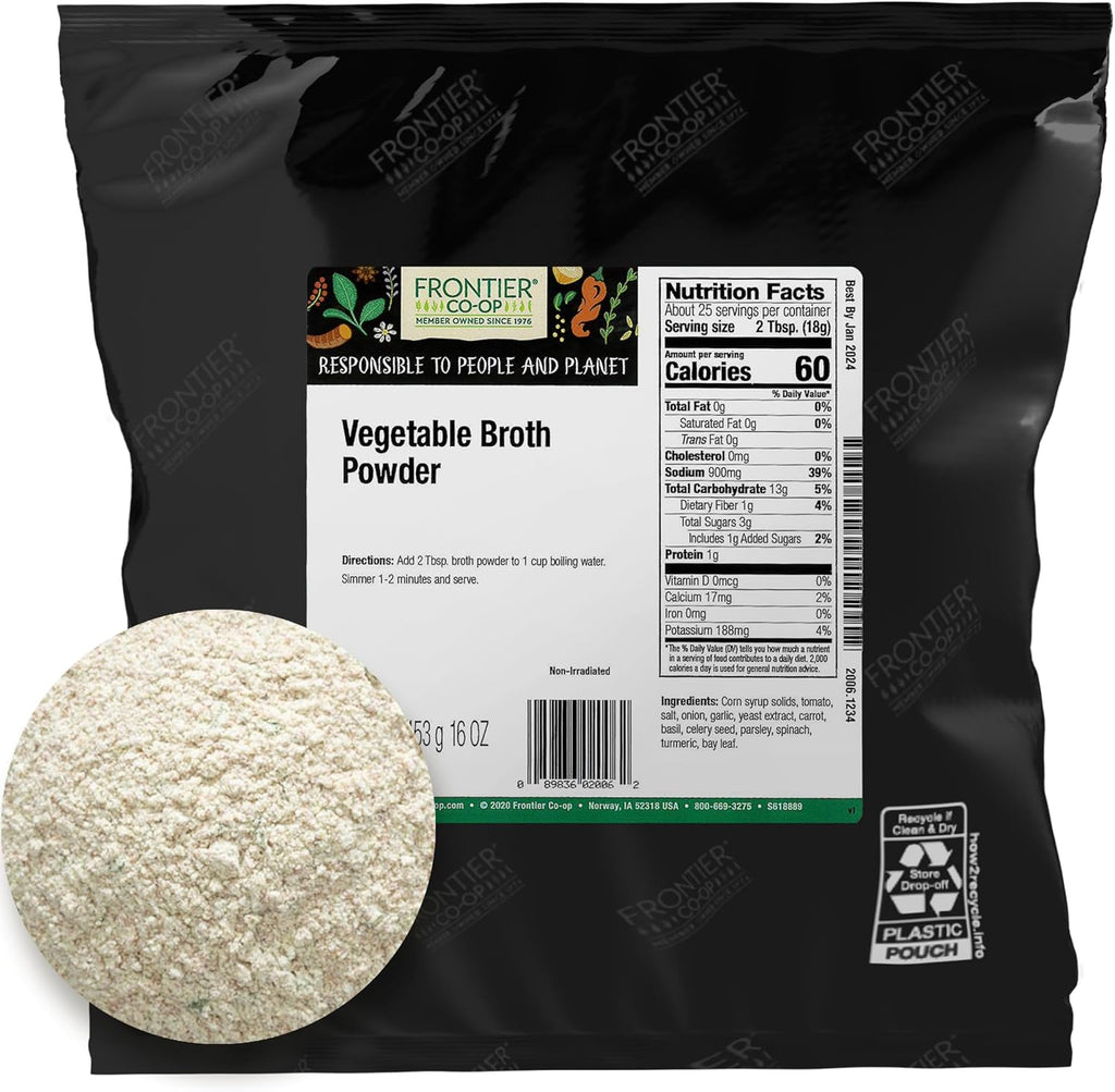 Frontier Co-op Vegetable Broth Powder, 1-Pound Bulk Bag, Broth, Soup Base, Gravy, Hot Drink, Kosher