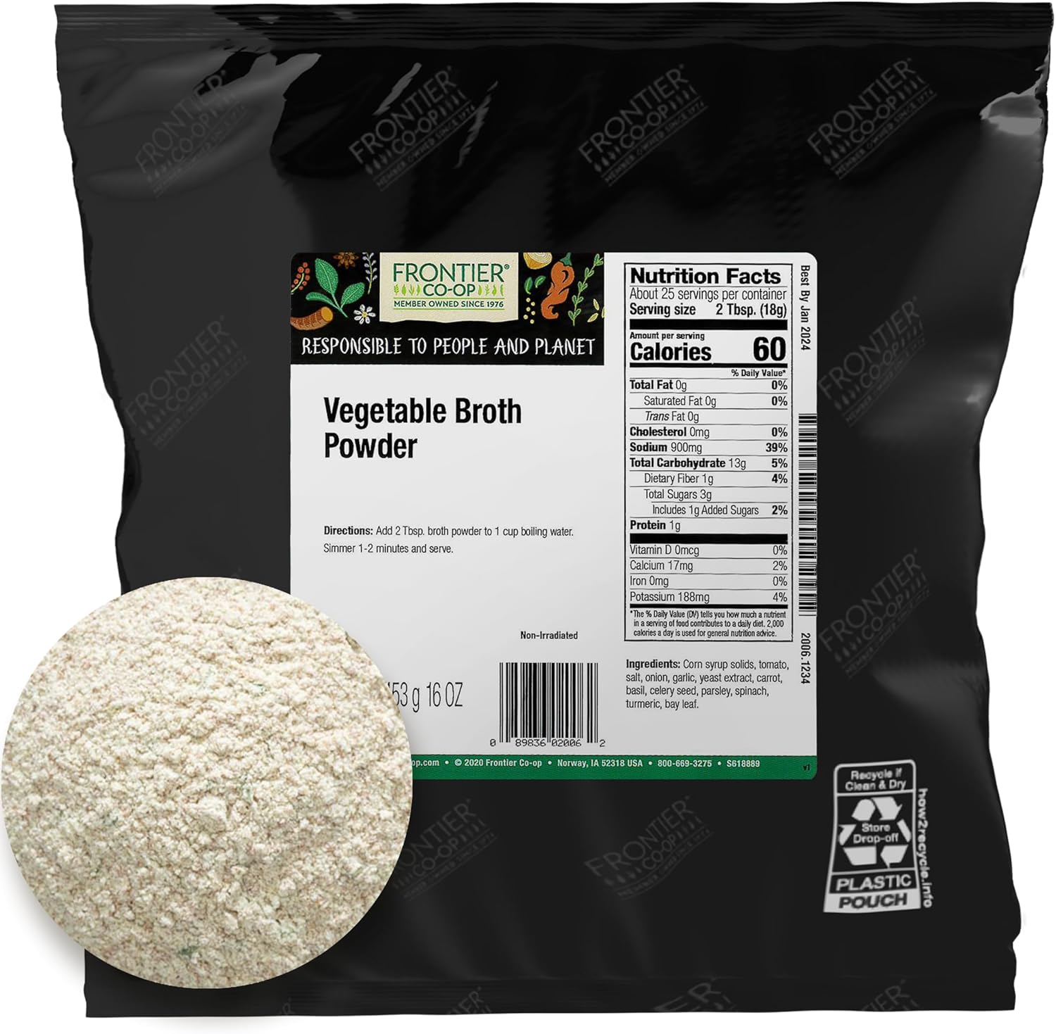 Frontier Co-op Vegetable Broth Powder, 1-Pound Bulk Bag, Broth, Soup Base, Gravy, Hot Drink, Kosher