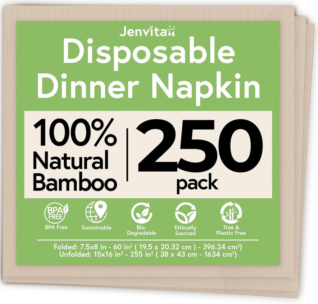 100% Bamboo Compostable Napkins (250-Pack) | Heavy Duty Napkins for Lunch, Dinner, Events, Occasions & Entertaining | Eco Friendly | 3-Ply FSC Certified | Bamboo Paper Towels | 7.5 x 8 Inch