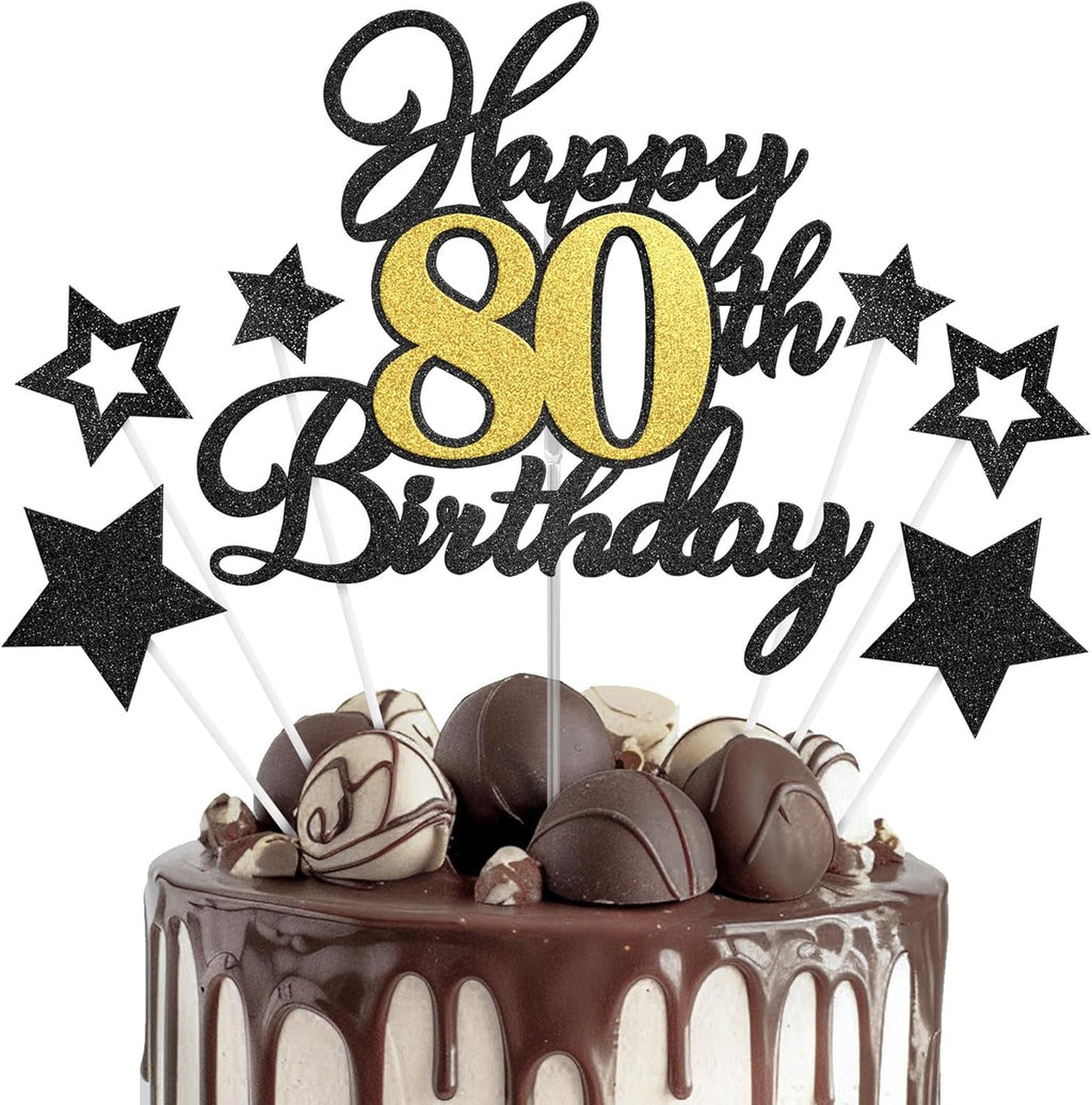 Happy 80th Birthday Cake Toppers, Black Gold Glitter Cake Decorations Set, 80th Birthday Decor for Men Women, Birthday Anniversary Party Decorations Supplies