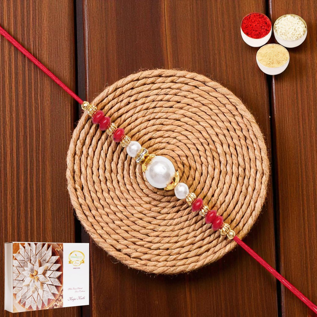Ghasitaram Gifts Jaiccha Rakhi for Brother Rakhis Online 6210 Pearl Rakhi with 200 gms of Kaju katli