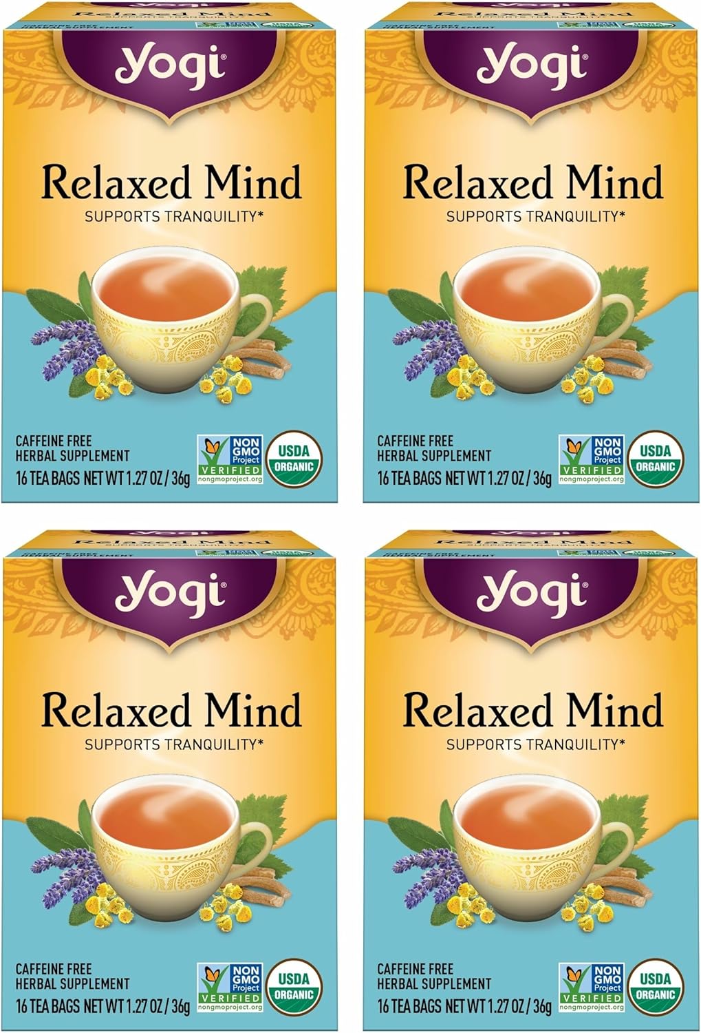 Yogi Tea Relaxed Mind Tea - 16 Bags per Pack (4 Packs) - Relaxing, Calming Organic Tea for Stress Support - Includes Ashwagandha Root, Sage Leaf, Lavender Flower, Peppermint Leaf & More