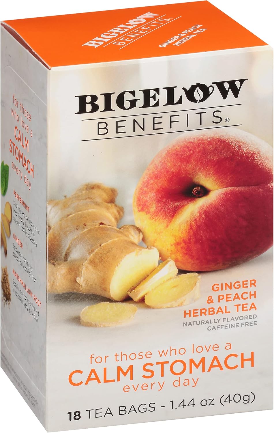 Bigelow Tea Benefits Calm Stomach Ginger Peach Herbal Tea, Caffeine Free, 18 Count (Pack of 6), 108 Total Tea Bags
