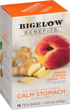 Bigelow Tea Benefits Calm Stomach Ginger Peach Herbal Tea, Caffeine Free, 18 Count (Pack of 6), 108 Total Tea Bags