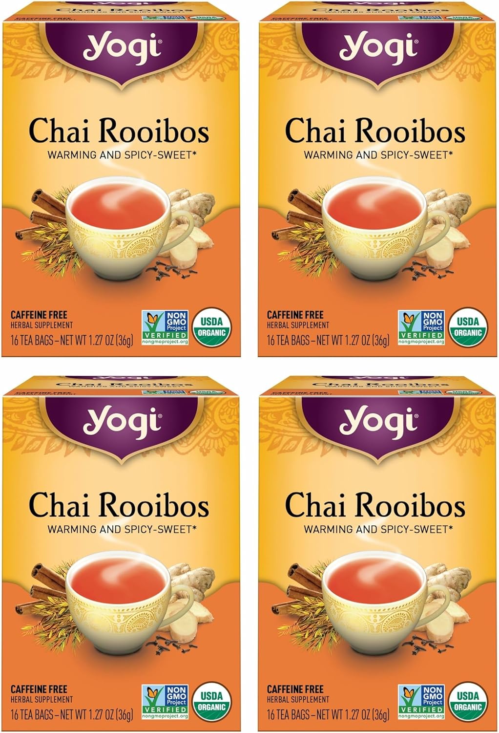Yogi Tea Chai Rooibos Tea - 16 Tea Bags per Pack (4 Packs) - Spiced Organic Rooibos Tea - Provides Antioxidants - Caffeine-Free - Includes Cardamom, Cinnamon, Ginger & Clove
