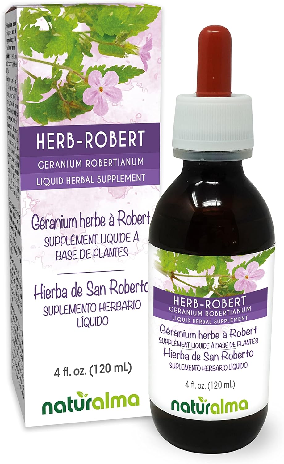 Naturalma Herb Robert (Geranium robertianum) herb with Flowers Alcohol-Free Tincture - 4 fl oz Liquid Extract in Drops - Herbal Supplement - Vegan