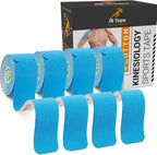JB Tape Kinesiology Tape – 80 Precut 10-Inch Strips – Blue – Elastic, Latex-Free, Water Resistant – Athletic Muscle & Joint Support – 4 Rolls