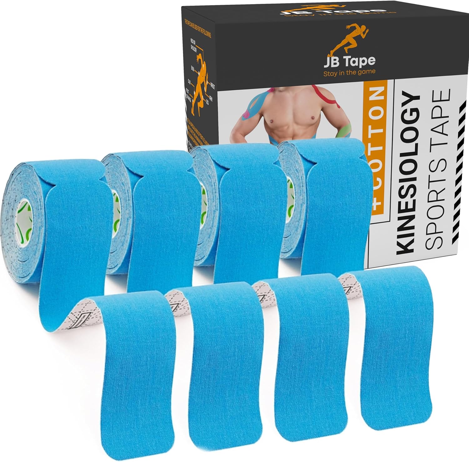 JB Tape Kinesiology Tape – 80 Precut 10-Inch Strips – Blue – Elastic, Latex-Free, Water Resistant – Athletic Muscle & Joint Support – 4 Rolls