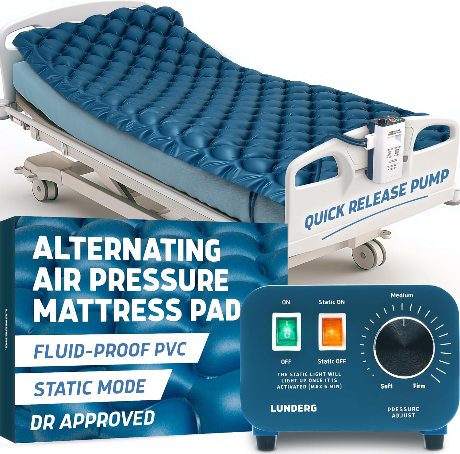 Lunderg Alternating Air Pressure Mattress Pad with Static Mode - Comfortable Bed Sore Prevention - Includes Waterproof Mattress Topper for Hospital Bed or Home & Quiet Pump - Doctors Recommended