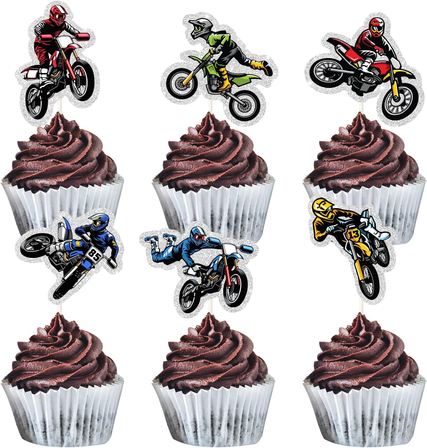 MEFENG 18Pcs Dirt Bike Cupcake Toppers - Extreme Motocross Cupcake Decorations - Happy Birthday Cake Picks for Motorcycle Lover - Dirt Bike Party Decorations