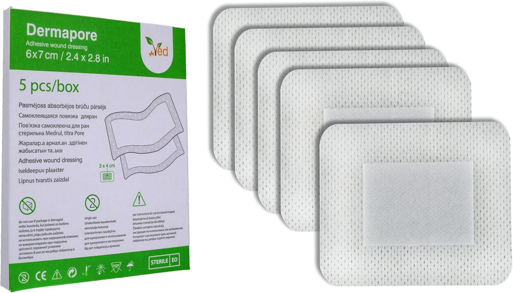 VED Dermapore Adhesive Wound Dressing- Suitable for cuts and grazes, Diabetic Leg ulcers, venous Leg ulcers, Small Pressure sores- Medium, 6 x 7cm (Pack of 5)., Green