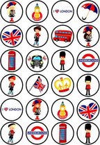 24 London Theme Edible Cupcake Toppers - Stand Up Discs Wafer Cake Decorations, Olympic Party Decorations, England Cake Toppers, London Party Cookie Decor, 24 x 4cm / 1.5 Inch Wafer Card Discs