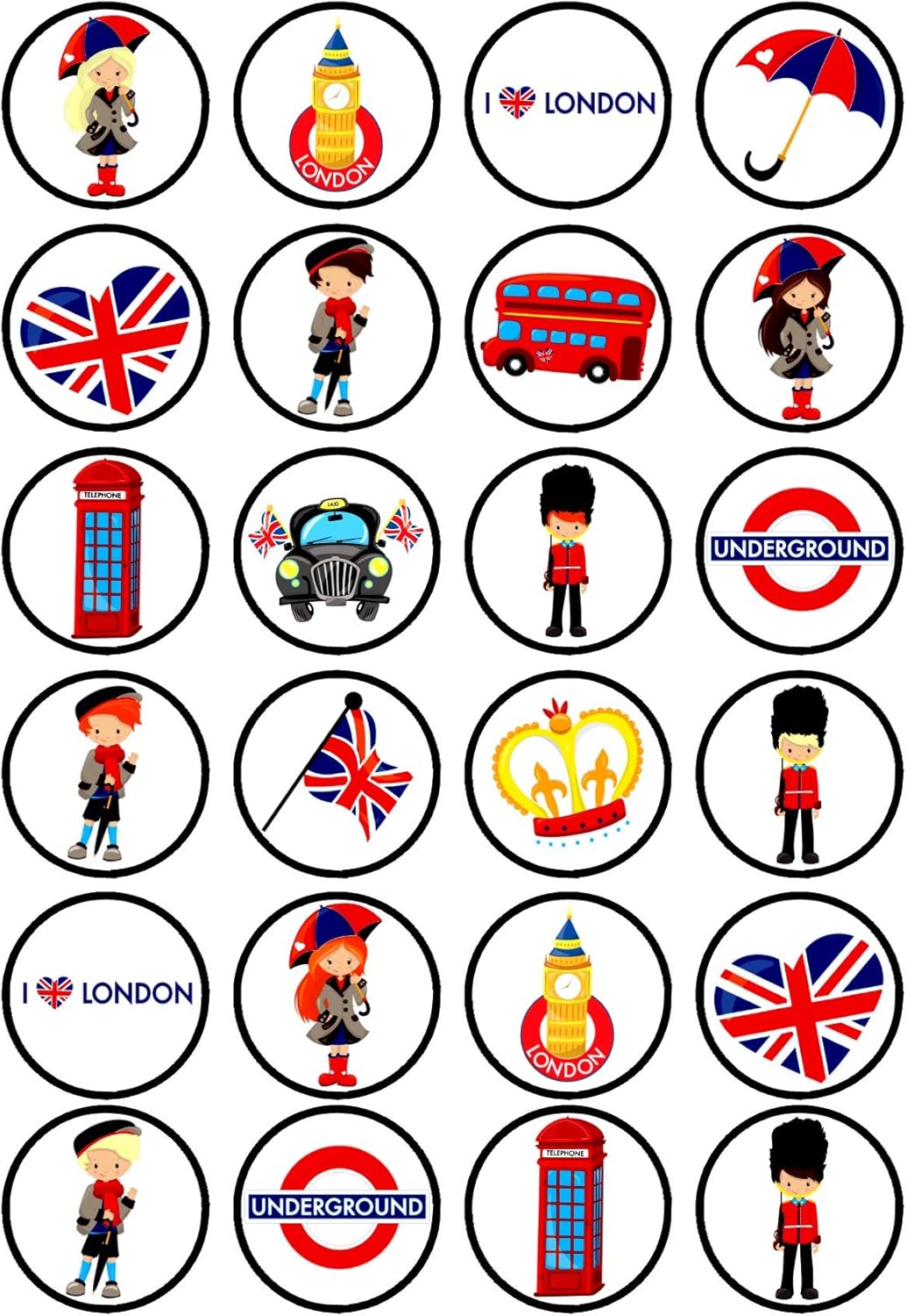 24 London Theme Edible Cupcake Toppers - Stand Up Discs Wafer Cake Decorations, Olympic Party Decorations, England Cake Toppers, London Party Cookie Decor, 24 x 4cm / 1.5 Inch Wafer Card Discs