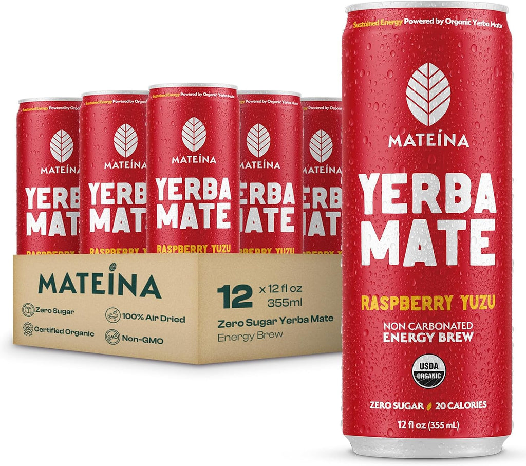 Mateina Yerba Mate Zero Sugar Energy Drink – 120mg Natural Caffeine – Organic, Non-GMO, Non-Carbonated – Dr. Andrew Huberman Recommended – (12 fl oz Cans, 12 Pack) Raspberry Yuzu
