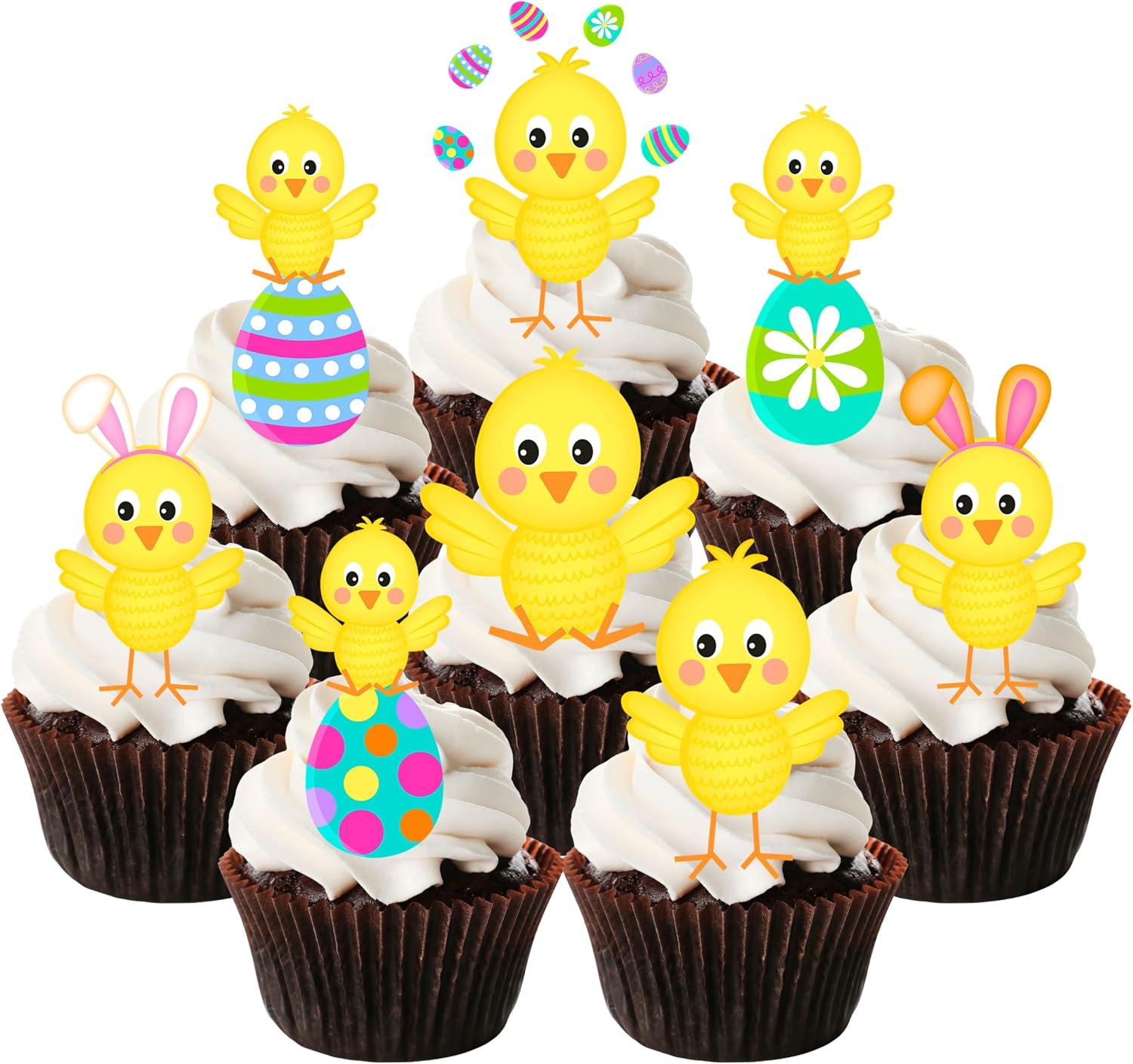 Easter Chicks Edible Cupcake Toppers - Stand Up Wafer Cake Decorations, Yellow Chicks Cake Topper, Easter Party Decorations, Cute Chicken Cookie Decorations 2 Inch / 5cm UNCUT (12)