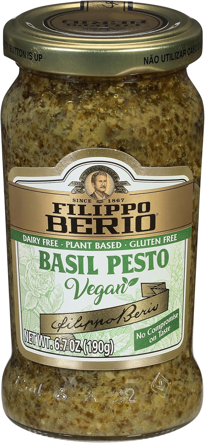 Filippo Berio Pesto, Plant Based Vegan Basil, 6.7 Ounce Glass Jar, Vegetarian, Dairy Free, Gluten Free