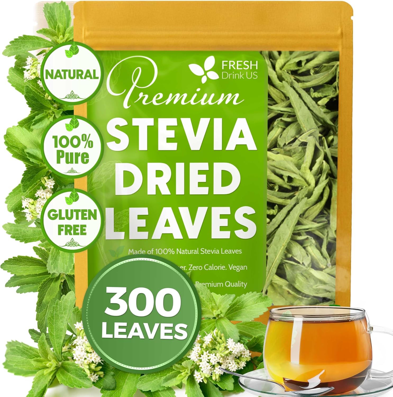 FreshDrinkUS, Premium 300+ Natural Stevia Leaves, Whole Dried Leaves, 100% Pure Stevia Dried Leaves, Zero Calorie Sweetener, No Additives, No Caffeine, Vegan