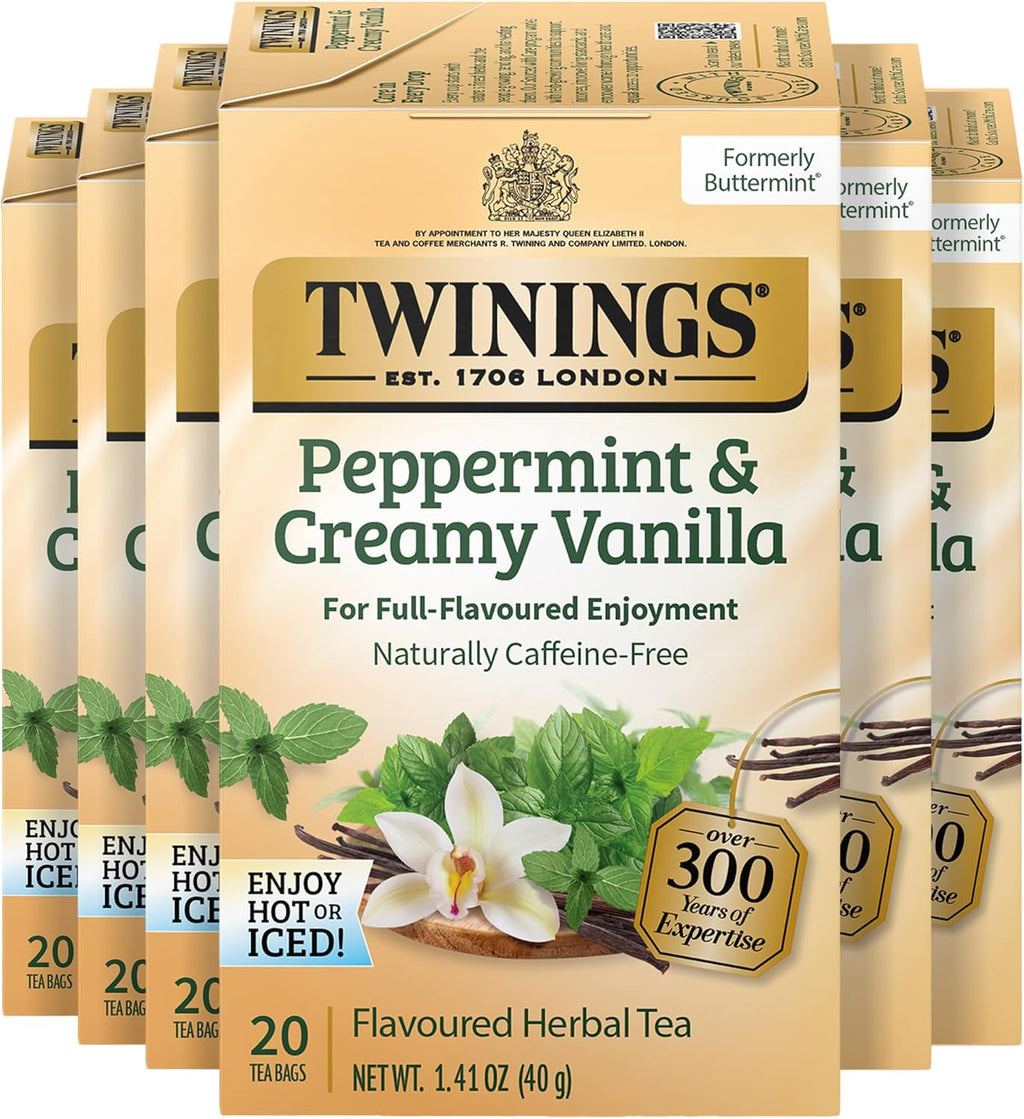 Twinings Peppermint & Creamy Vanilla Herbal Tea Individually Wrapped Bags, 20 Count (Pack of 6), Formerly Buttermint, Naturally Caffeine-Free, Enjoy Hot or Iced, 120 Teabags