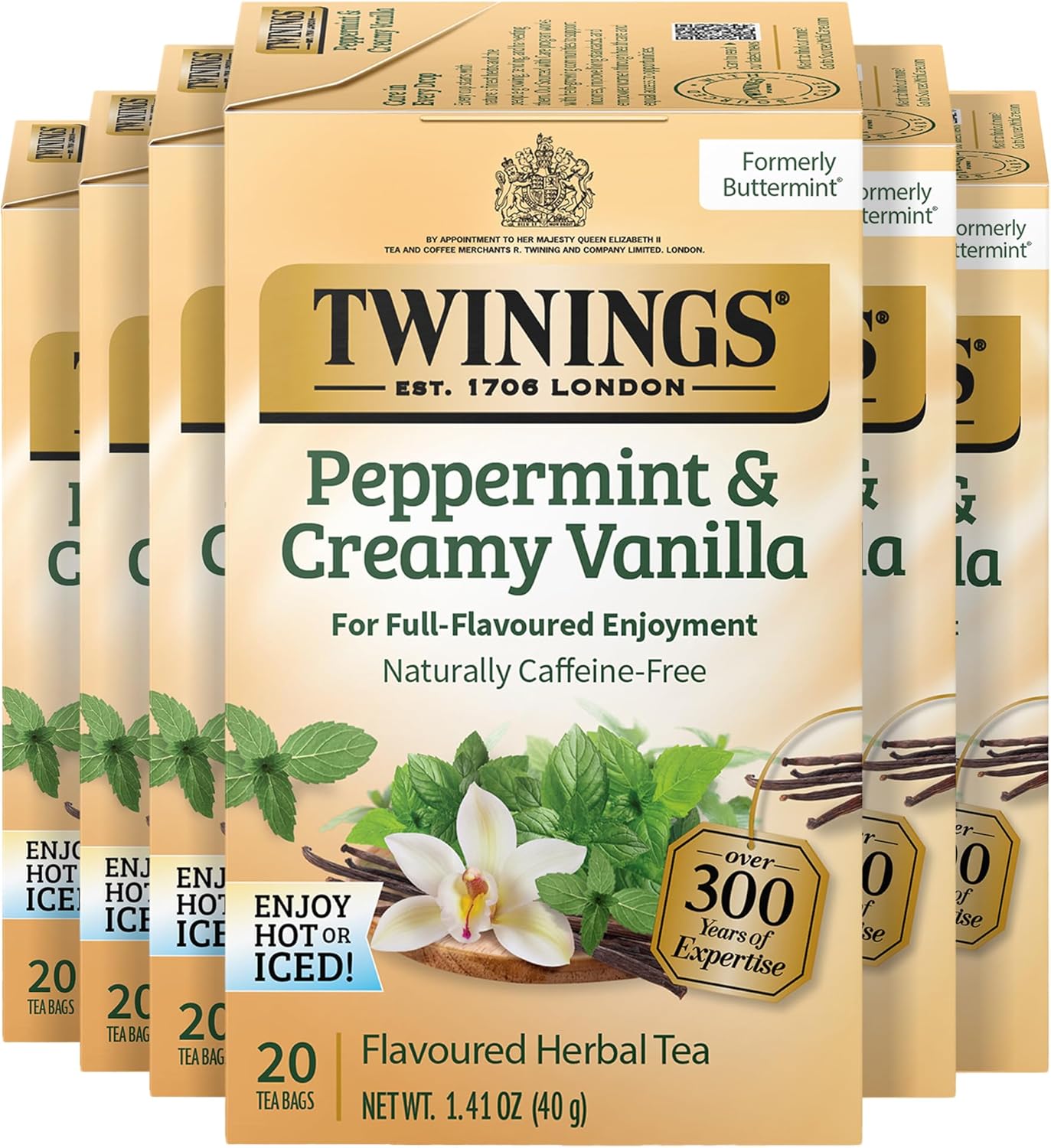 Twinings Peppermint & Creamy Vanilla Herbal Tea Individually Wrapped Bags, 20 Count (Pack of 6), Formerly Buttermint, Naturally Caffeine-Free, Enjoy Hot or Iced, 120 Teabags
