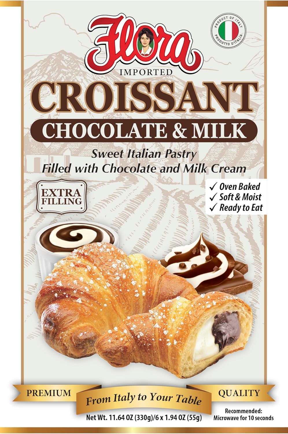 Flora Chocolate & Milk Croissants – Italian Pastry with Chocolate & Milk Cream Filling | Soft, Oven-Baked & Ready to Eat | Imported from Italy (Pack of 6)