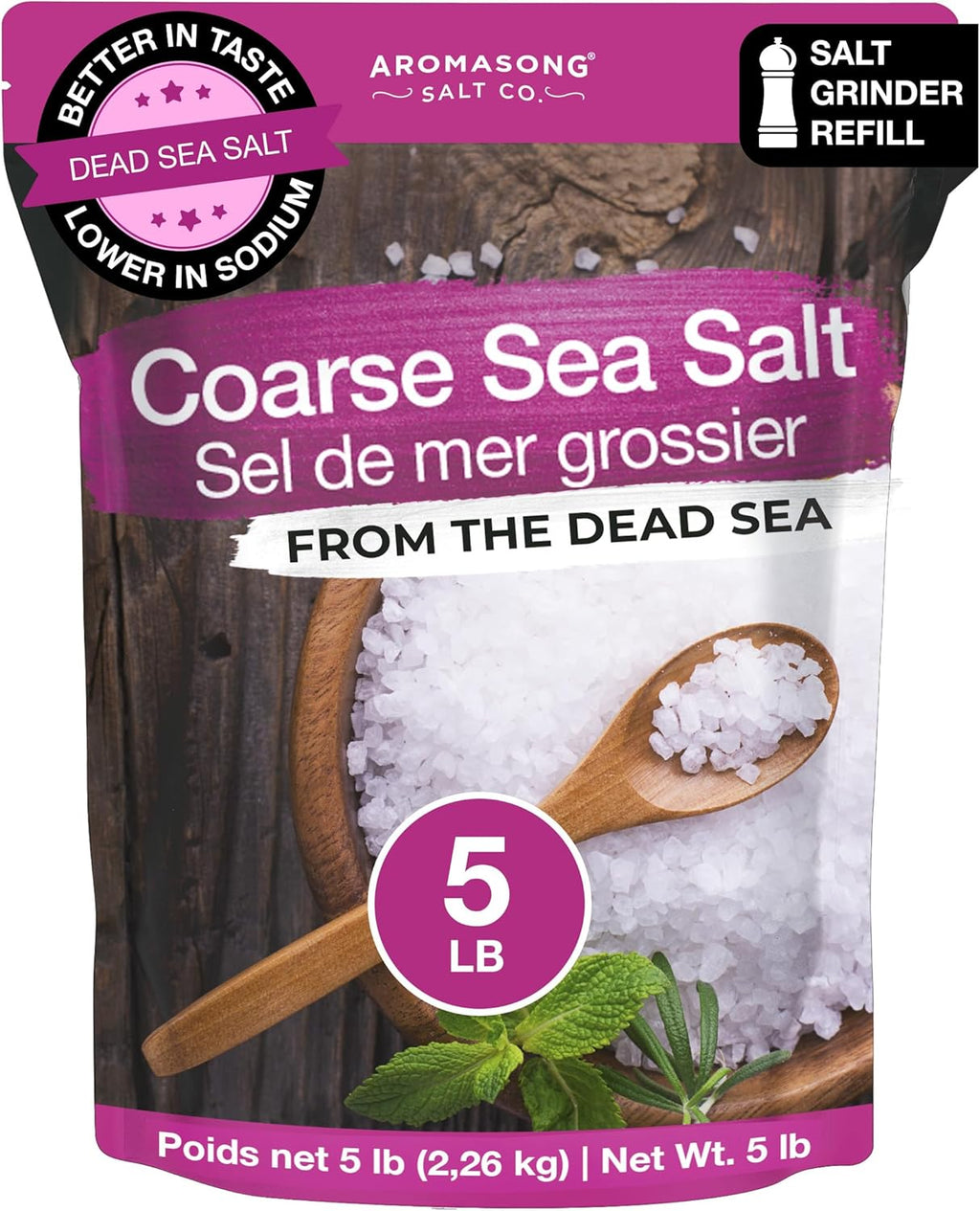 Aromasong Coarse Sea Salt for Grinder Refill - 100% Pure & Natural Dead Sea Salt Coarse Grain Bulk 5 Lb. Packaging May Vary