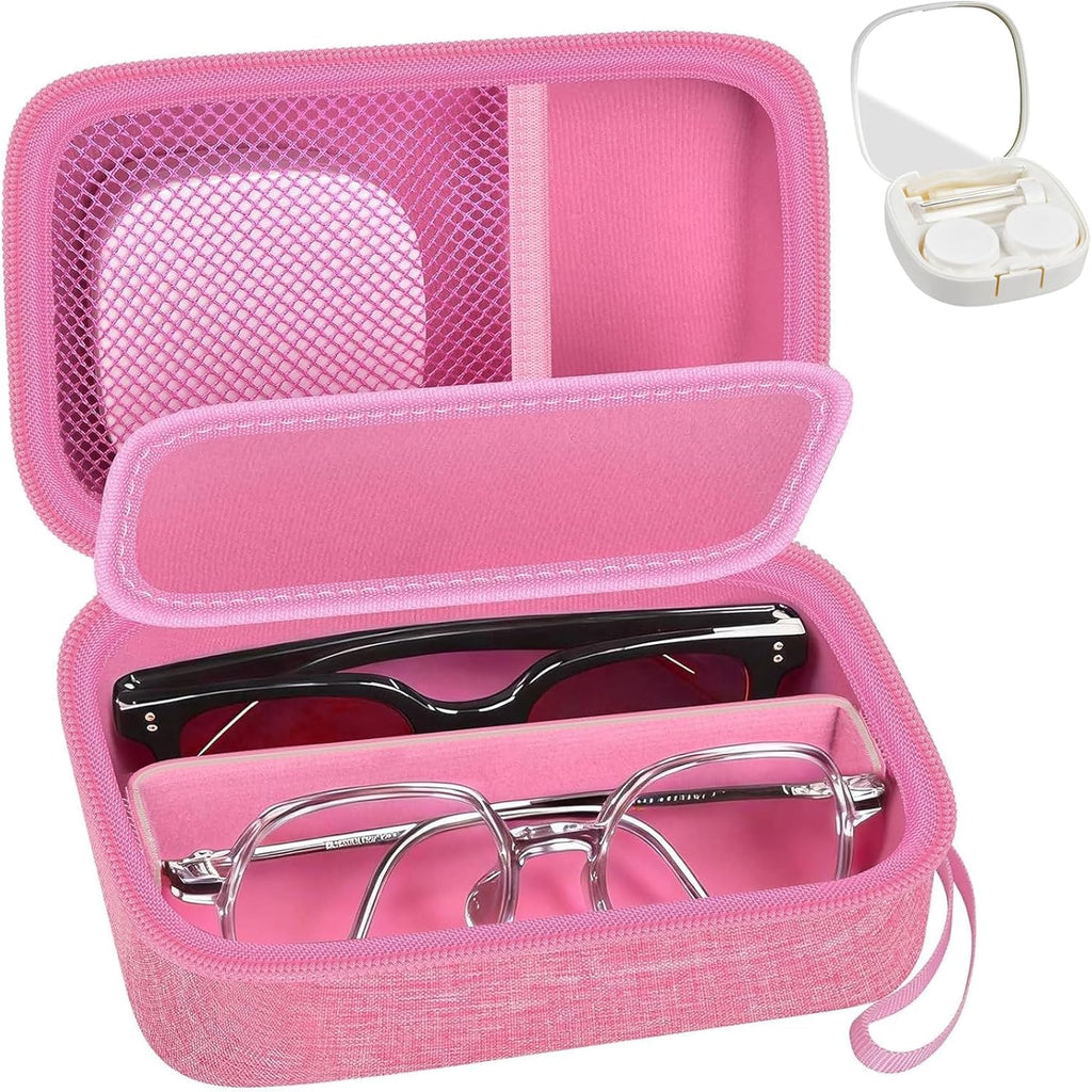 GWCASE Travel Glasses Organizer & Contact Lens Case - Adjustable Slots, Built-in Mirror, Tweezers, Solution Bottle & Hand Strap, Universal Fits Eyelasses/Sunglasses for Men & Women – Pink