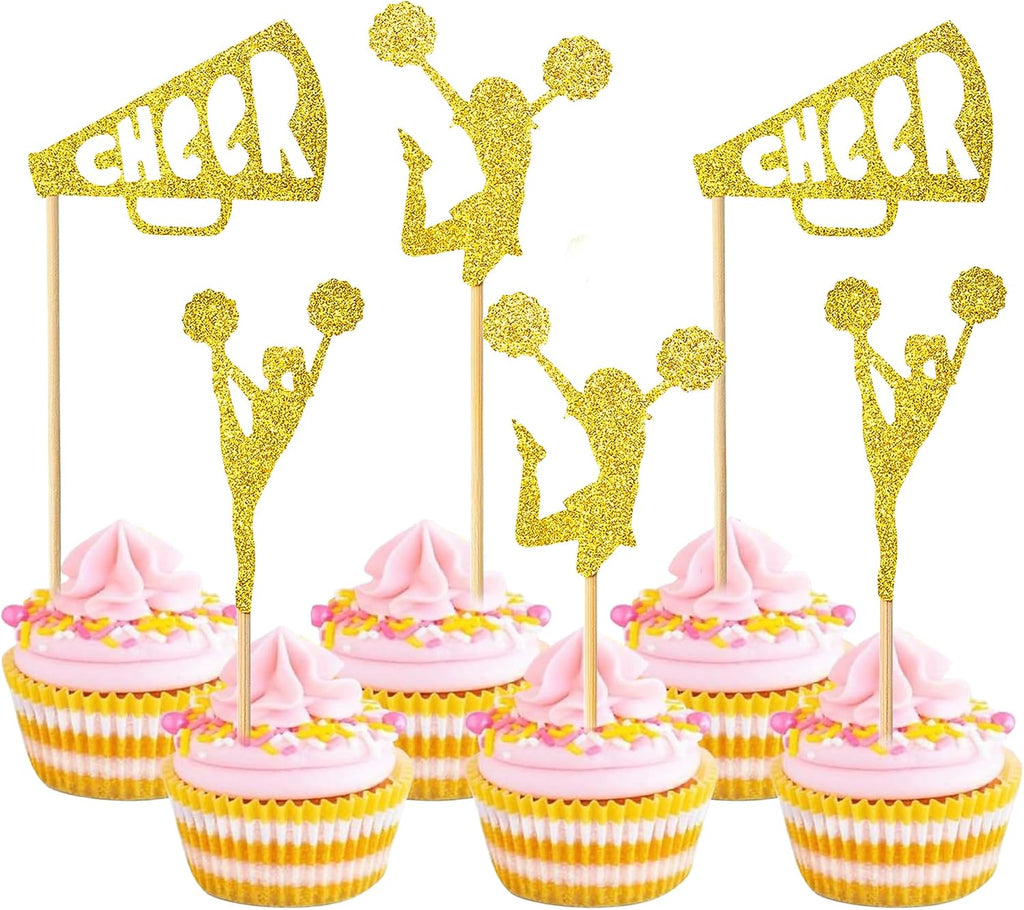 12 Pcs Cheerleader Cupcake Toppers – Gold Glitter Cheerleading Gymnastics Cupcake Decorations for Cheer Team, Gymnast Girl, or Girls Birthday Party Cake Decorations