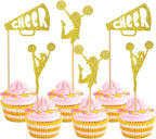 12 Pcs Cheerleader Cupcake Toppers – Gold Glitter Cheerleading Gymnastics Cupcake Decorations for Cheer Team, Gymnast Girl, or Girls Birthday Party Cake Decorations
